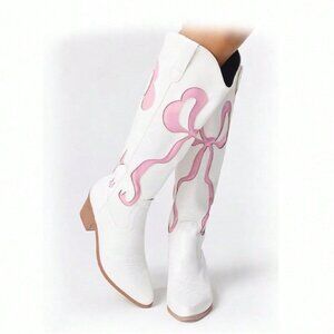 White Cute Women's Cutout Bow Embroidered Western heeled Boots